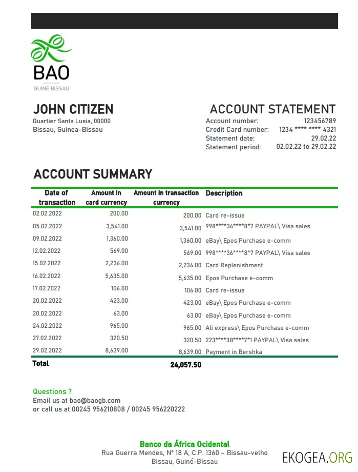 Guinée Bissau Banco da Africa Relevé bancaire occidental xls
